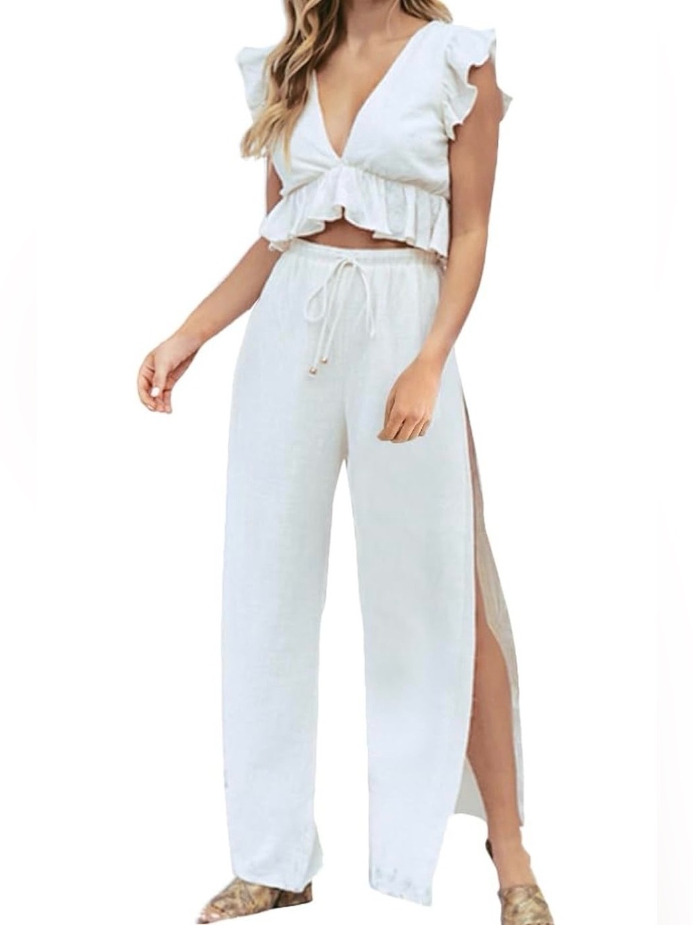 White two piece medium pants set with Side Slits for cover up or on it's own!
